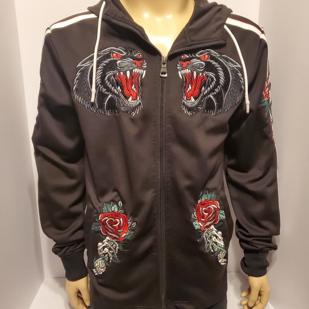 Reason Reason Panther Roses Skeleton Embroidered Patch Hoodie Black Men's M